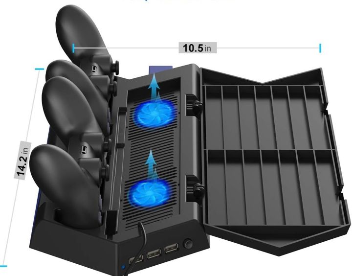 All-in-One PS4 Vertical Stand: Cooling System, Dual Controller Charger, and Game Storage Solution (New) - Multifunctional Vertical Stand with Cooling Fan and Dual Controller Charging Station for PlayStation 4
