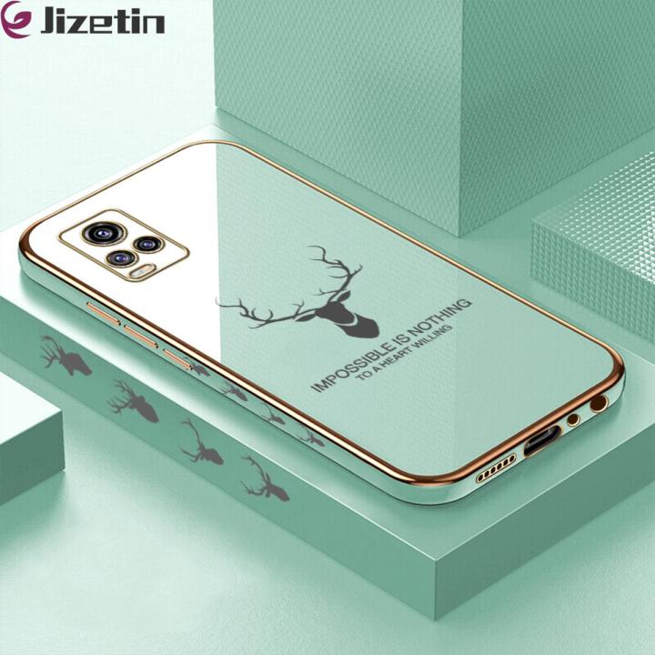 Jizetin (Free Lanyard) for Vivo V20 / V20 2021 Back Cover Antlers Luxury 6D Plating Case Side Pattern Soft Silicone Square Phone Cases