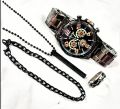 Pack Of 4 Top Fashion Men's Business Watch Deal -Elegant Mens Casual Watch +Chain Braclete +Heart Beat Ring+3D Bar Stick Locket-High Quality Business Watch In Random dial Design. 