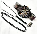 Watch For Men Watch Set For Men Summer Stainless Steel Casual Business Black Pack of 4 Watch + Bracelet + Ring + Bar Locket Fashion Gift Set. 