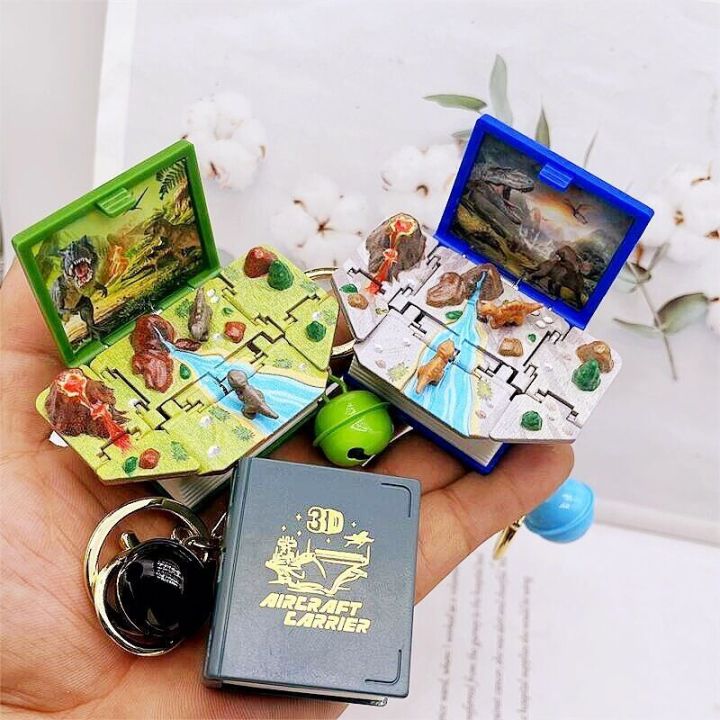 Creative 3D explosive fantasy world magic book keychain castle ship dinosaur space puzzle pendant