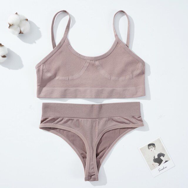 【HOT】 Seamless Tanks Tops Panties Set Female Underwear Wireless Bra Crop Top Women High-Rise Soft Bralette Lingerie Set