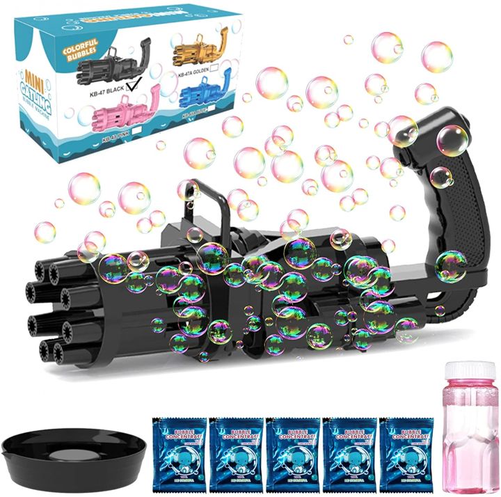 8-Hole Bubble Gunn Machine - Massive Bubble Gattler Toy gun With Bubble liquid for Kids - Automatic Electric Bubble Maker Machine glue Gunn - Assorted Random Color - Black Pink Golden PMP