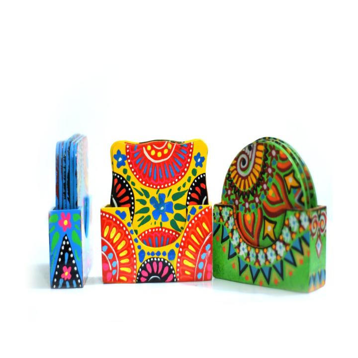 6pc Truck Art Coasters Set with Holder, Washable Heat Resistant Wooden Tea Mats, Non Slip Table Mats Coasters Placemat Mats, Truck Art Tea Coasters Set Hand Painted Decoration Piece, Truck Art Tea Mats