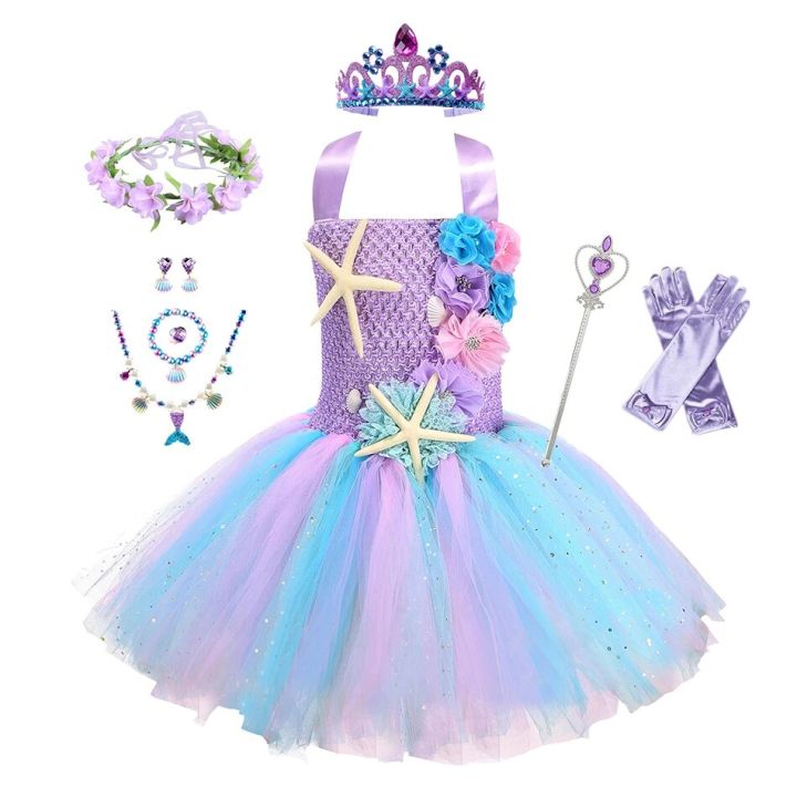 Girls Pastel Ariel Mermaid Tutu Dress Under the Sea Theme Birthday Party Costume with Flower Headband Ocean Flower Dresses 1-12Y