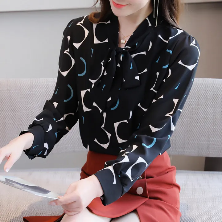 Yfashion%20Women%20ffon%20Blouse%20Long%20Sleeves%20%20Fit%20Shirt%20Fashion%20Bowknot%20Neckline%20Printing%20Pullover%20Tops%20color%20-%20Image%203