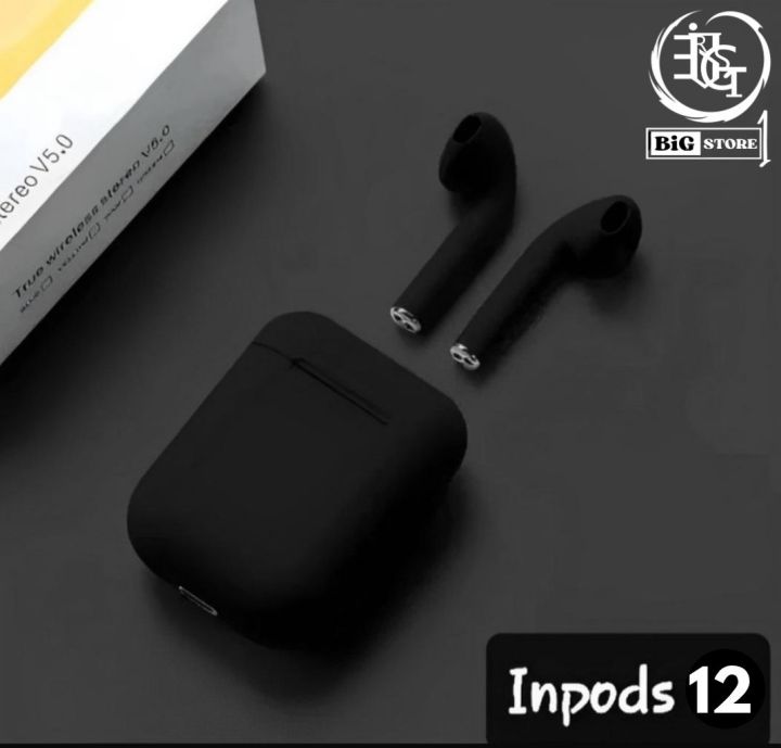 Inpods 12 Black Airpods  TWS (True Wireless Stereo) Bluetooth Earbuds With Touch Sensor Earphones Headset  With HiFi Sound (Connect With All Bluetooth Devices).