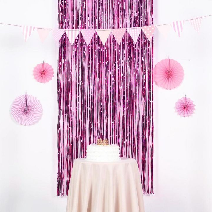 Pink Metallic Tinsel Foil Fringe Curtains 3.2ft x 6.5ft Backdrop Photo Booth Pink Metallic Foil Curtain for Birthday, Wedding, Bridal Shower, Baby Shower, Anniversary Party Decoration