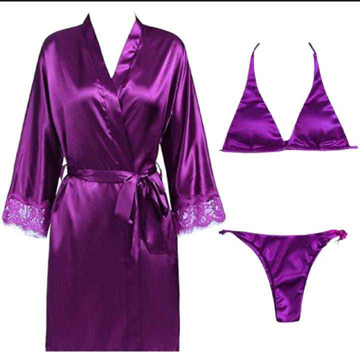 3 Pcs - Nighty Beautiful Bridal Maroon / Hot Saxy Silk Long Gown / Bridal Night Suit / Nightwear / Sleepwear / Night Dress with Bikni set Hot Saxy Long Nighty For Ladies / Beautiful Night Dress for Girls..