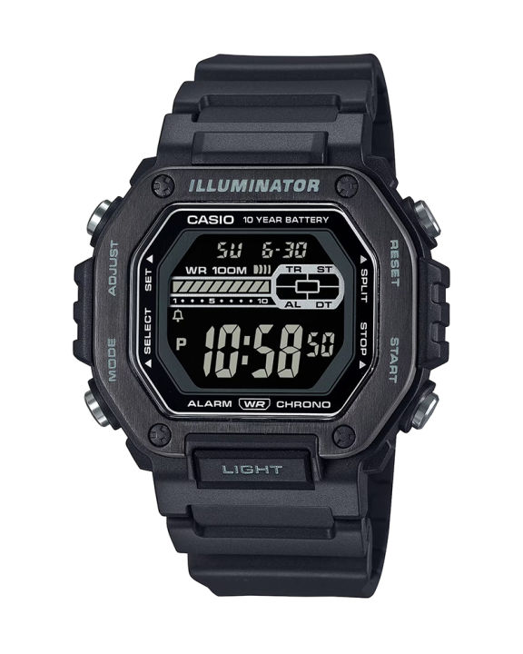 Casio General Mens Standard Black Case Square Black Dial World Time, Stop Watch, Timer, Alarm, Led Light, Calendar, Multi-Function Black Resin Band Watch-MWD-110HB-1BVDF