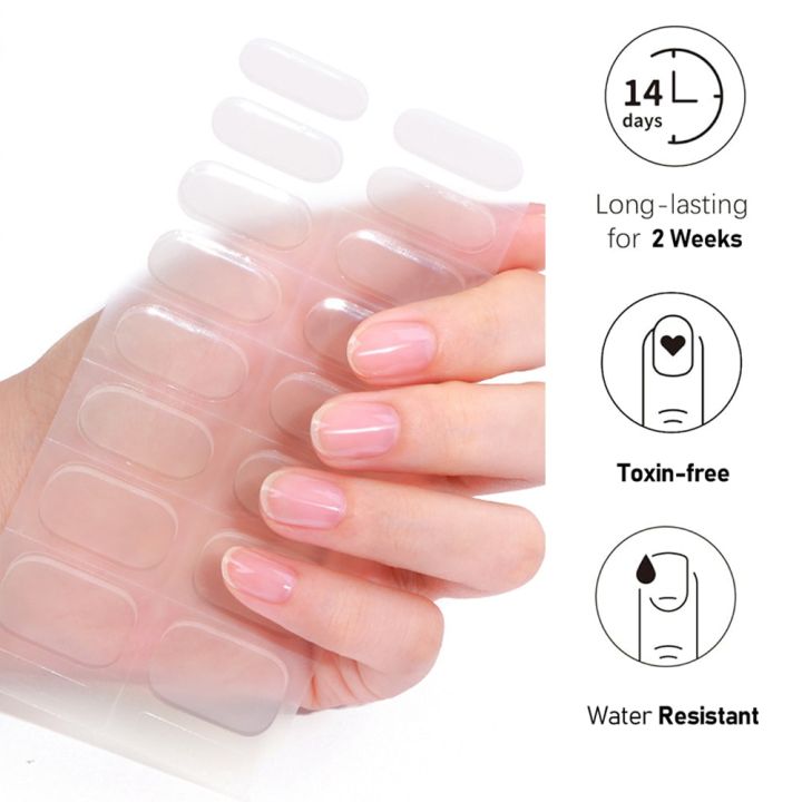 16Tips Semi Cured Gel Nails Wraps Fashion Transparent Clear Solid Color Manicure Decals UV LED Lamp Needed Gel Nail Art Stickers