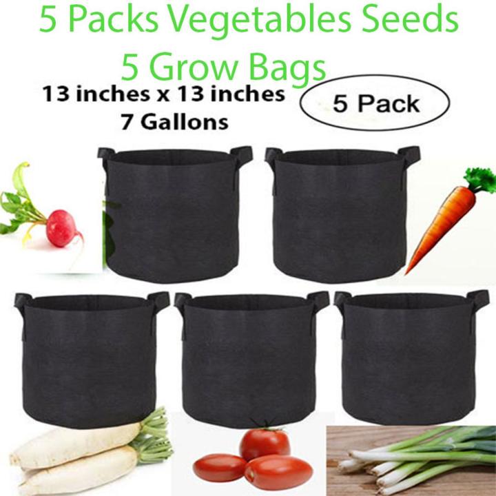 5 Grow Bags with 5 Packs Vegetables Seeds for Kitchen Gardening - Rooftop Gardening