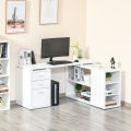 Home Office L-Shaped Computer Desk Workstation w/ Storage Shelves Drawers, White. 