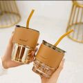 380 ML ‎Leak Proof Glass Tumbler with Straw and Lid Slub Glass | Leather Protective Sleeve | Reusable Cup with Straw | Iced Coffee Cup | Direct Drinking Mouth Dual Use. 