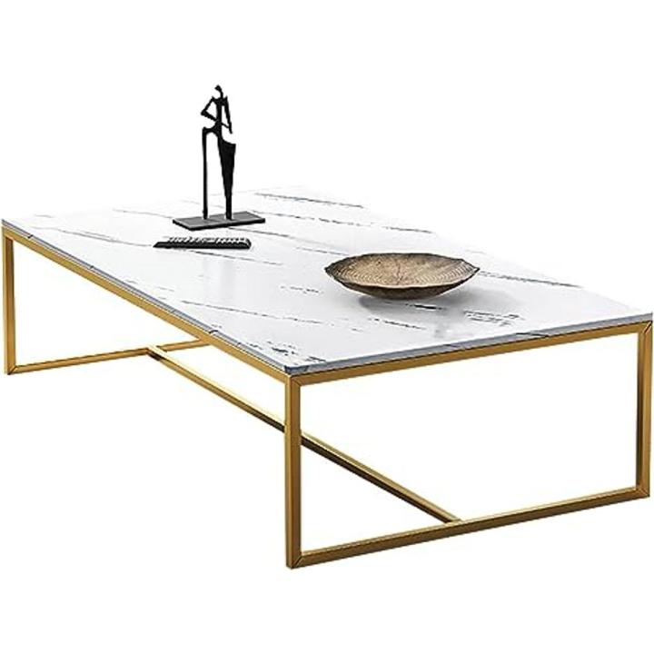 Coffee Table Open Rectangle Table Faux Marble Style Coffee Table with Metal Frame, Center Table for Living Room or Reception Room