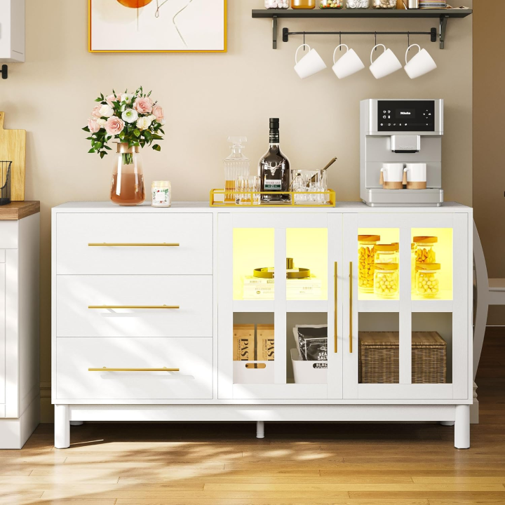 Arqam.B Sideboard Buffet Cabinet with Storage, Modern Coffee Bar Storage Cabinet with LED Light, 3 Drawers & 2 Acrylic Glass Doors, Wood Buffet Table for Kitchen, Living Room, White 8 (1) (To be customise)