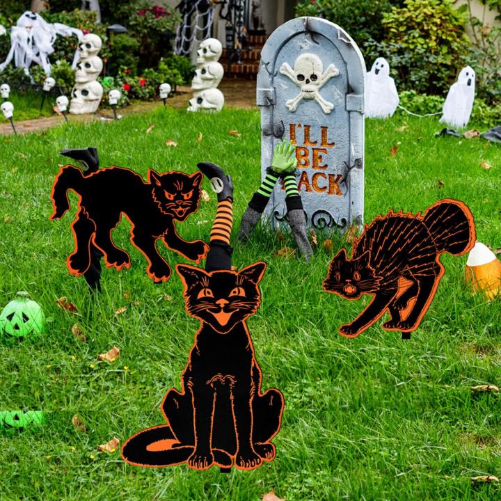 Garden Inserts Halloween Decorations Glow-in-the-dark Scary Black Cat Yard Signs for Halloween Decor Outdoor Garden Decor with Stakes Yard Decorations Halloween