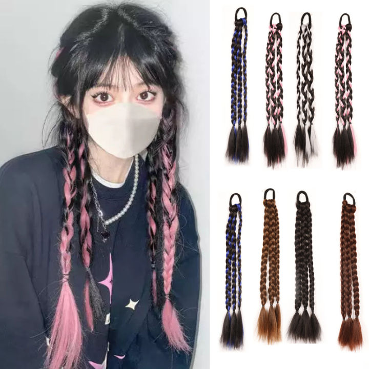 Y2K Ponytail Extensions Synthetic Boxing Braids Wrap Around Chignon Tail With Rubber Band Hair Ring Brown Black Ombre Braid