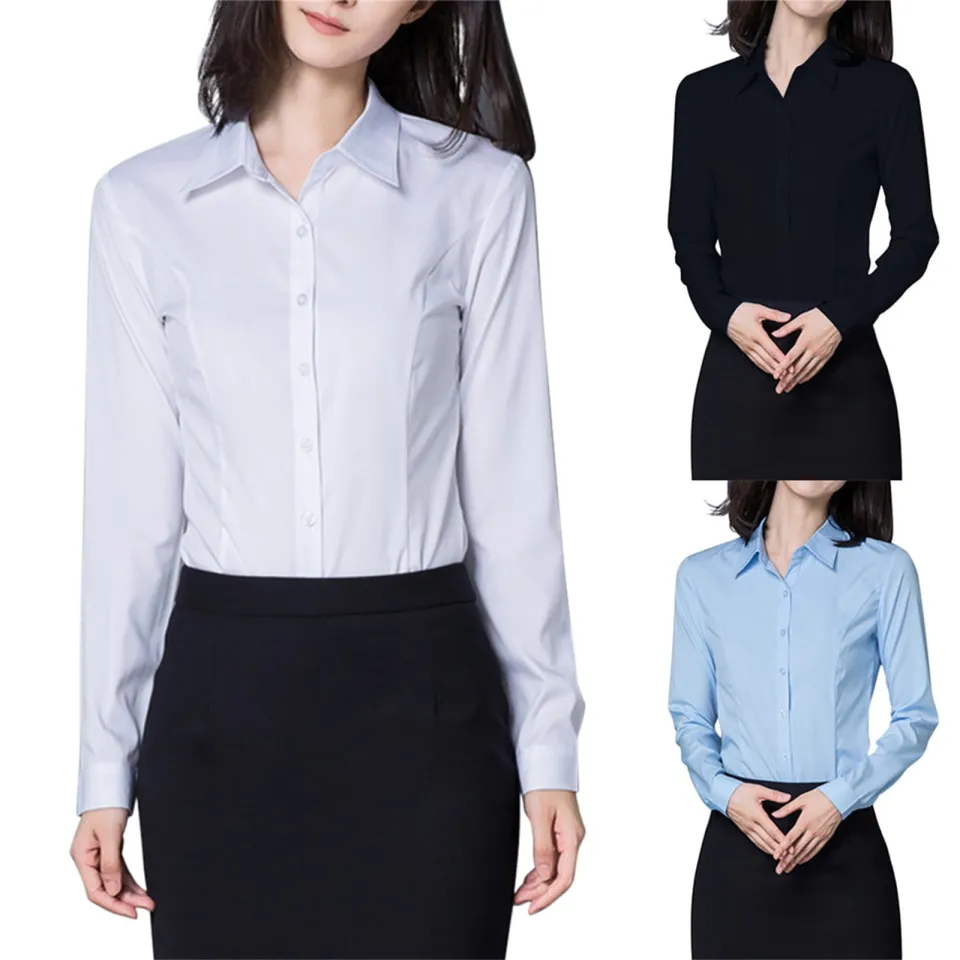 Ladies Button Down Shirts Long Sleeve Work Dress Shirts Women V Neck Collared Business Leisure Blouses Soild Formal T shirt Daraz.pk