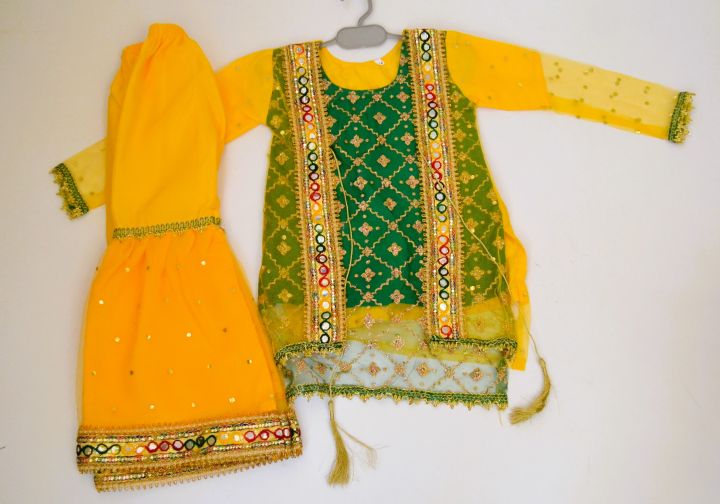 Girl Traditional Mayo and Dholki Yellow Wedding Dress 3 to 11 Year With Gotts Work.