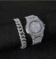 1pc Men Rhinestone Decor Square Pointer Quartz Watch & 1pc Bracelet. 