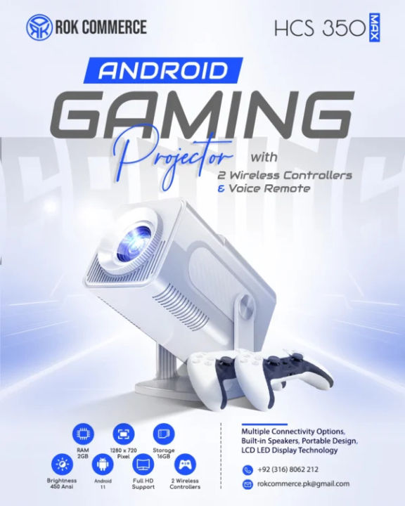 HCS350 Gaming Projector Android 11 64GB TF Card Wireless Game Controller Dual WIFI1920 * 1080P Portable Home Theater Projector (White