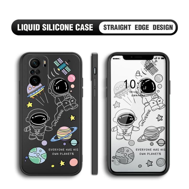 BILI for Xiaomi Poco F3 / Redmi K40 / K40 Pro Back Cover Earth Planet Astronauts Multicolor Liquid Silicone Phone Case Soft Square Lens Protection Phone Cases