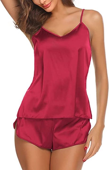 Silky%20Pajama%20Set%20for%20Women%20Cami%20Top%20and%20Shorts%20Silk%20PJ%20Set%20Nighties%20for%20Women%20Lingerie%20Sleepwear%20-%20Image%204
