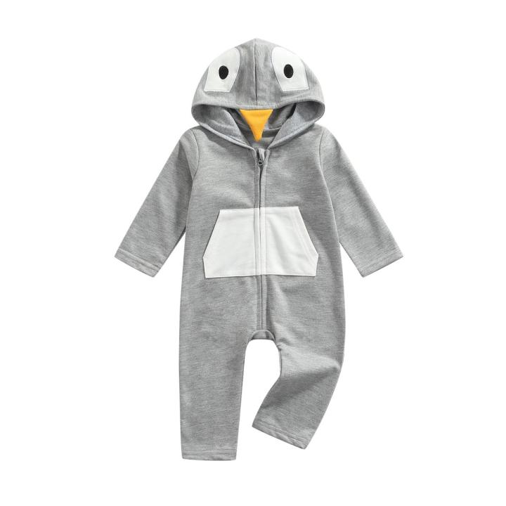 Baby Romper, Boys Cartoon Long Sleeve Hooded Jumpsuit Playsuit with Zipper for Spring Fall, Gray, 3-18 Months