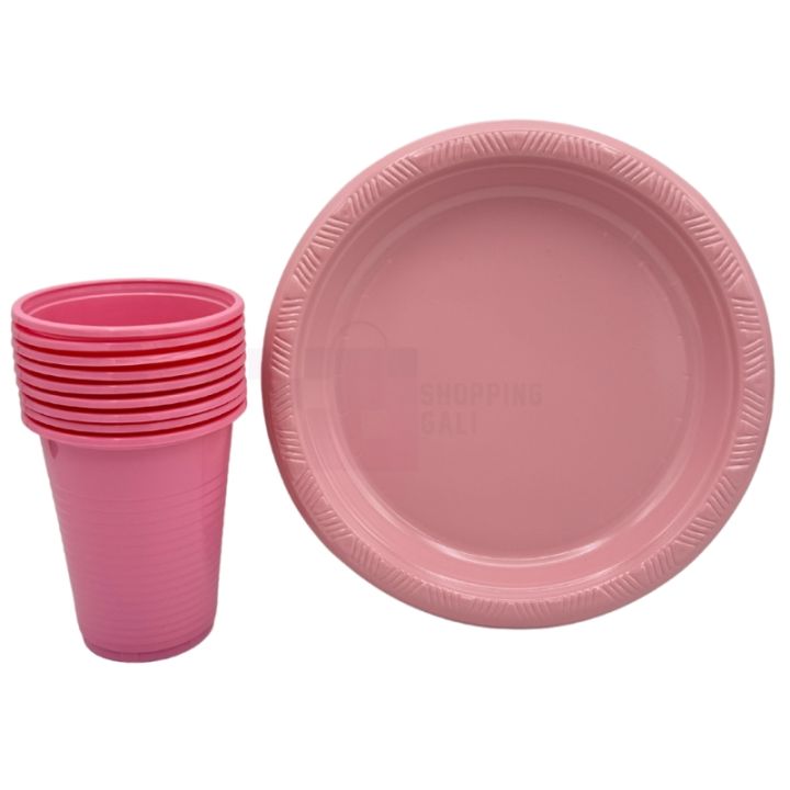 PINK COLOR PLATES AND CUPS - PLASTIC PLATES AND CUPS - PACK OF 10