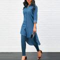Women Casual Long Sleeve Jeans Shirt Turn Down Collar Long Denim Tops. 