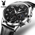 American Brand PLAYBOY Original Men's Watch Waterproof Leather strap Multifunctional Chronograph Anniversary Gift for Men  Calendar Luminous. 