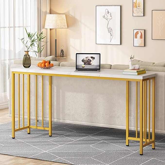 Console table Gold Long Console Table, 70.9 Inch Extra Long Sofa Table, Modern Narrow Entryway Table Skinny Table Behind Sofa Couch for Living Room, White Marble Effect Sheet Customizable available