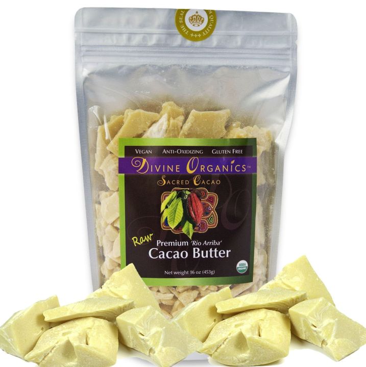 Divine Organics Raw Cacao Butter/Cocoa Butter - Certified Organic - Food Grade - Edible - Fragrant, Natural Skin Moisturizer (16 oz)
