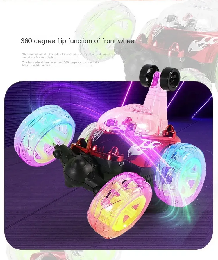 360 Rotating RC Stunt Car with wireless remote control, USB rechargeable battery, and music and sound effects performing a flip with LED lights on.