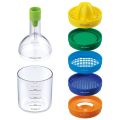 Bin 8: One Bottle, 8 Kitchen Tools (Multi Kitchen Tools juices, strains, grates,Grinder, Funnel, Egg Separator, Masher, Opener) along with Weighing Cup. 