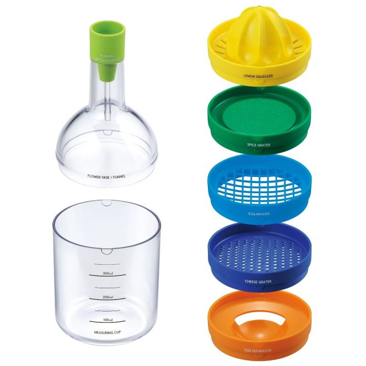 Bin 8: One Bottle, 8 Kitchen Tools (Multi Kitchen Tools juices, strains, grates,Grinder, Funnel, Egg Separator, Masher, Opener) along with Weighing Cup
