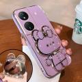 For Honor X7b / Honor X7A / Honor X7 4G Back Cover with Cute Rabbit Makeup Mirror Stand Luxury 6D Plating Square Frame Phone Case Shiny Holder Soft Silicone Protective Cases Pouch Girls. 