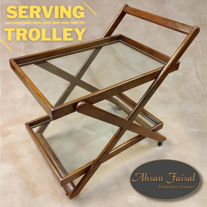 Wooden Tea Trolley/Serving Trolley - Sheesham Rosewood Cross Design With Japanese Hammer Caster Wheels