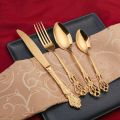 【HOT】 Vintage Western Gold Plated Cutlery Dining Knives Forks Teaspoons Set Golden Luxury Dinnerware Engraving Tableware Utensils Set. 