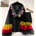 Stylish Sleeves Embroided Kurti for Girls with Trouser & Net Dupatta (Three Piece Suit) Embroided Dresses. 