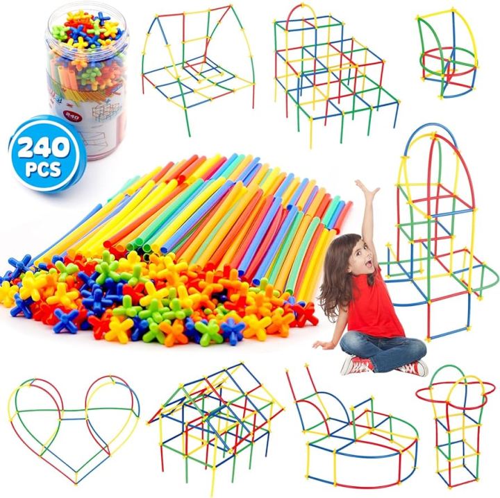 Rainbow Straw Constructor Stem Building Toys 240 pcs Interlocking Plastic Educational Toys Engineering Building Blocks Colorful Motor Skills Toys Gift for Boys & Girls