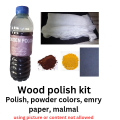 Glossy Wood & Furniture Polish, 500 ml, with powder colors, malmal cloth and complimentary emry paper-  Different variants with synthetic warnish and wood life polish. 