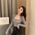 Women Knitted U-neck Sweater  ops Casual -fit Long Sleeve Pullover Bottoming Shirt color. 