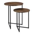 Modern Round Metal Base Nesting End Table, Set of 2, Walnut Brown. 