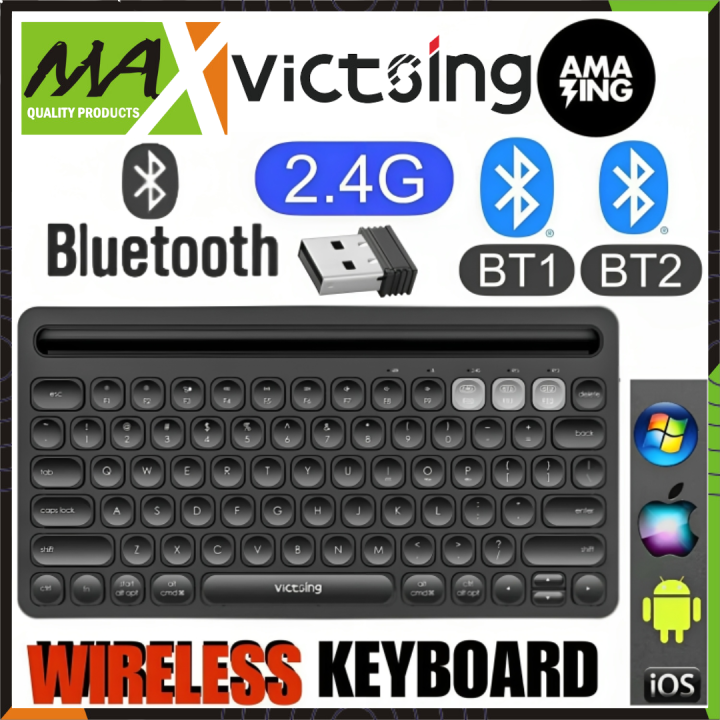 ViCTSING Wireless Keyboard , Model PC303A, Metal Body Keyboard,Victsing USB Wireless Keyboard, Dual Mode Bluetooth Keyboard with Integrated Holder for iOS, Mac, Windows and Android.Available at an affordable price on MaxShop.