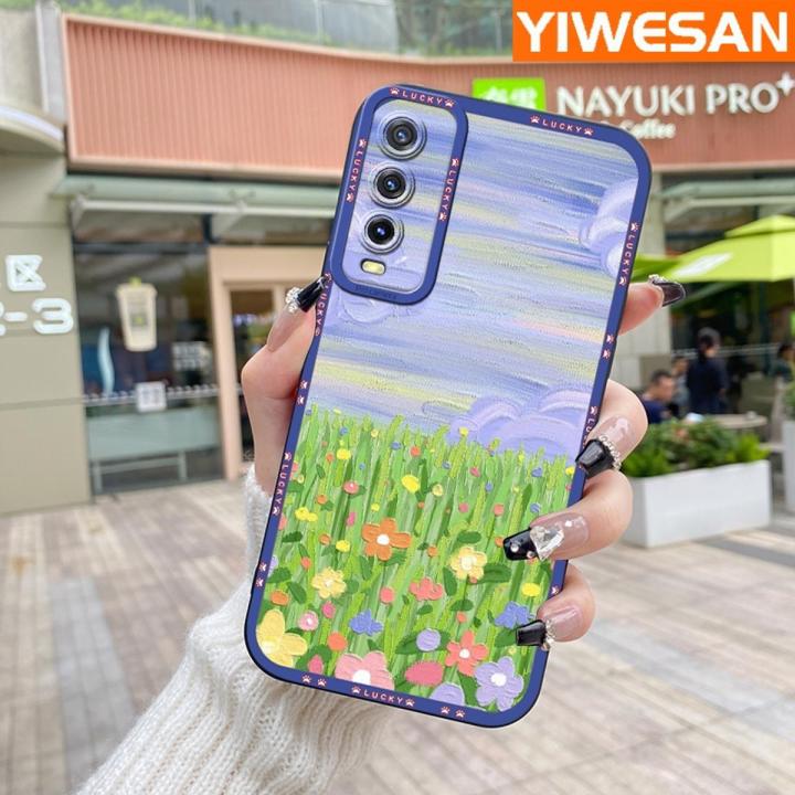 YIWESAN Case For vivo y12s Case Oil Painting Green Grass Thin Shockproof Square Edge Silicone Casing Full Lens Cover Camera Protect Cases Softcase