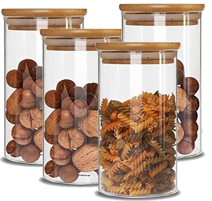 Glass 1400 ml Kitchen Storage Borosilicate Glass Jar And Container, Air Tight Bamboo Wooden Lid Container, Transparent Glass Cereal Dispenser   (  pack of 4  ) (pack of 3 )     |   with 8   stickers for labling