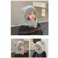 Winter Hooded Scarf with Pom Poms – Warm Braided One-Piece Beanie Hat, Neck & Ear Protection for Women Outdoor Casual Wear. 