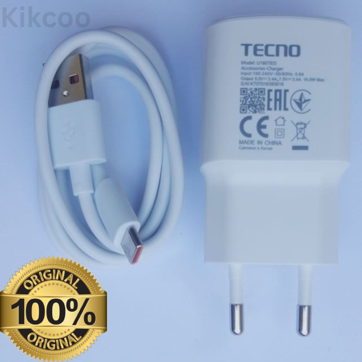 Tecno 18Watt 100% Original Charger | TECNO 18 Watt Genuine Charger Tecno Charger Original 18w Fast Charging Box Pulled Out Adapter with Type-C Data Cable And Micro Data Cable For Tecno - Android Phones